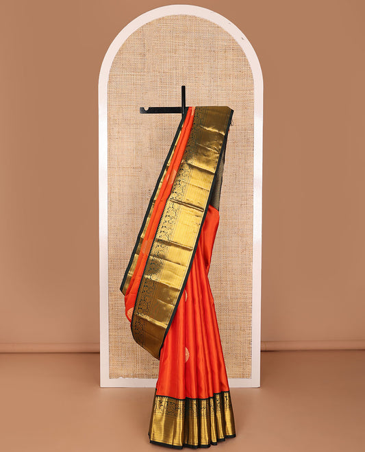 Orange zari buttas silk saree, contrast intricate pallu & getti border of rekku,kathir & kodi visiry designs