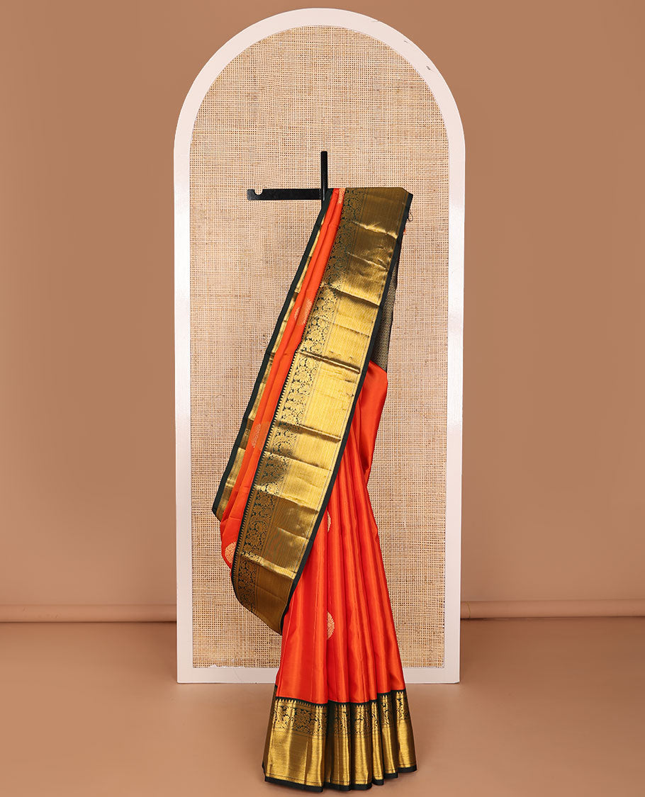 Orange zari buttas silk saree, contrast intricate pallu & getti border of rekku,kathir & kodi visiry designs