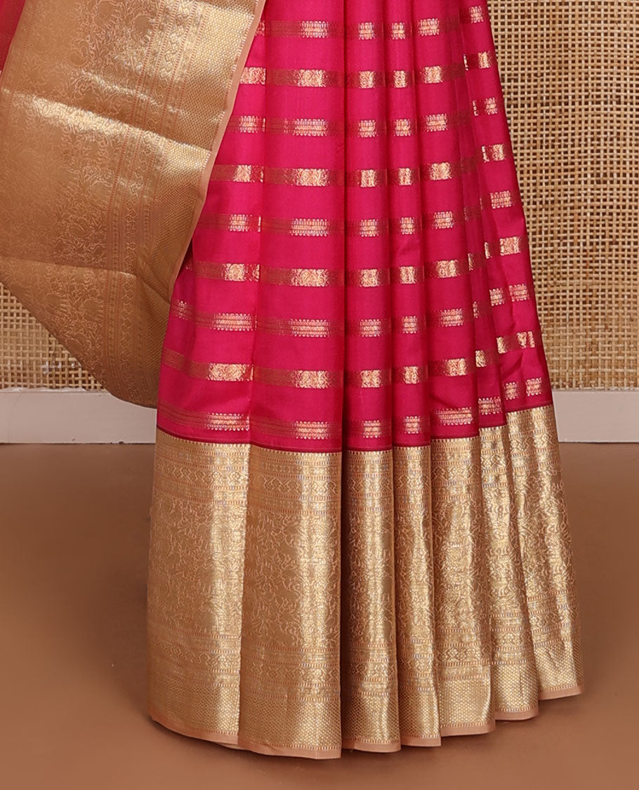 Pink kodi mayil zari design silk saree, contrast border of thilakam mokku,muthu, diamond,kamalam, ara maadam & zari designs & jaal pallu