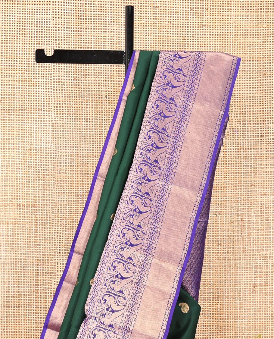 Green Vasundhara Silk Saree, Adorned with Zari Buttas, Complemented by a Contrast Border of Rudraksham, Neli, and Mayil Designs, Jaal Pallu, and a Contrast Blouse