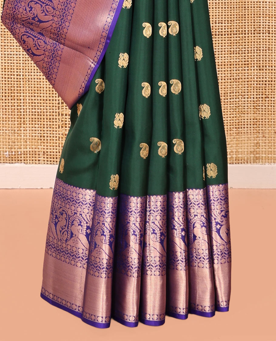 Green Vasundhara Silk Saree, Adorned with Zari Buttas, Complemented by a Contrast Border of Rudraksham, Neli, and Mayil Designs, Jaal Pallu, and a Contrast Blouse
