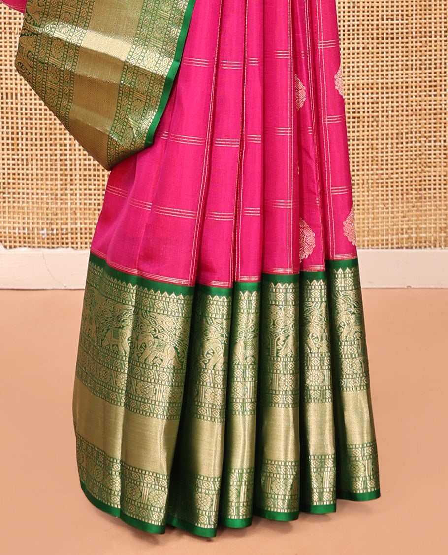 Pink Vasundhara Silk Saree, Embellished with Zari Butta Enclosed Checks, Contrast Border of Rekku, Diamond, Yaanai, and Chakram Designs, Floral Jaal Pallu, and a Contrast Blouse