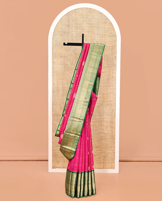 Pink Vasundhara Silk Saree, Embellished with Zari Butta Enclosed Checks, Contrast Border of Rekku, Diamond, Yaanai, and Chakram Designs, Floral Jaal Pallu, and a Contrast Blouse