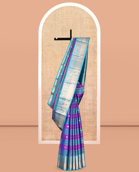 Blue-Purple Vasundhara Silk Saree, Adorned with Buttas and Stripes, Contrast Kodi Visiry Border, Rich Pallu, and Contrast Blouse