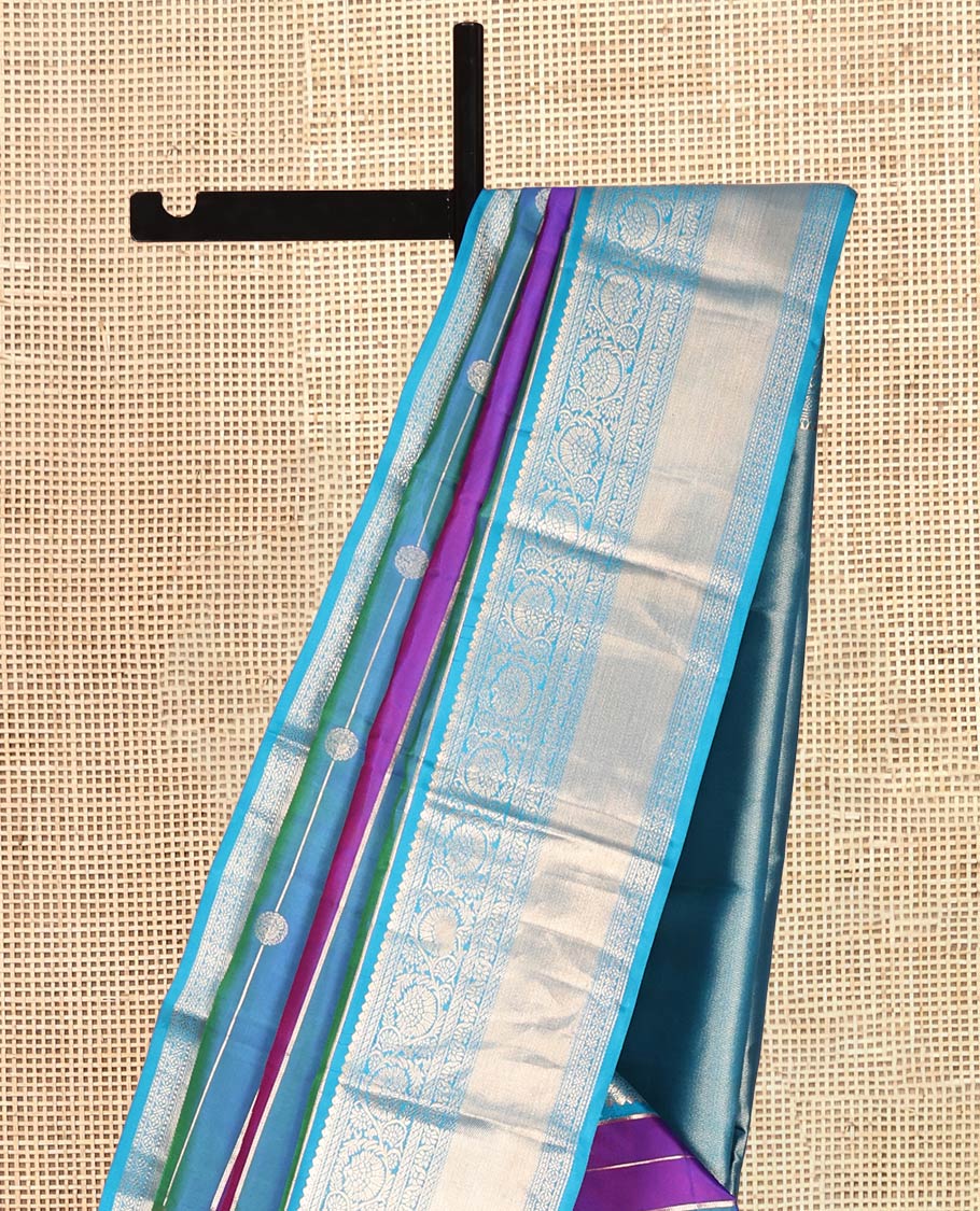 Blue-Purple Vasundhara Silk Saree, Adorned with Buttas and Stripes, Contrast Kodi Visiry Border, Rich Pallu, and Contrast Blouse