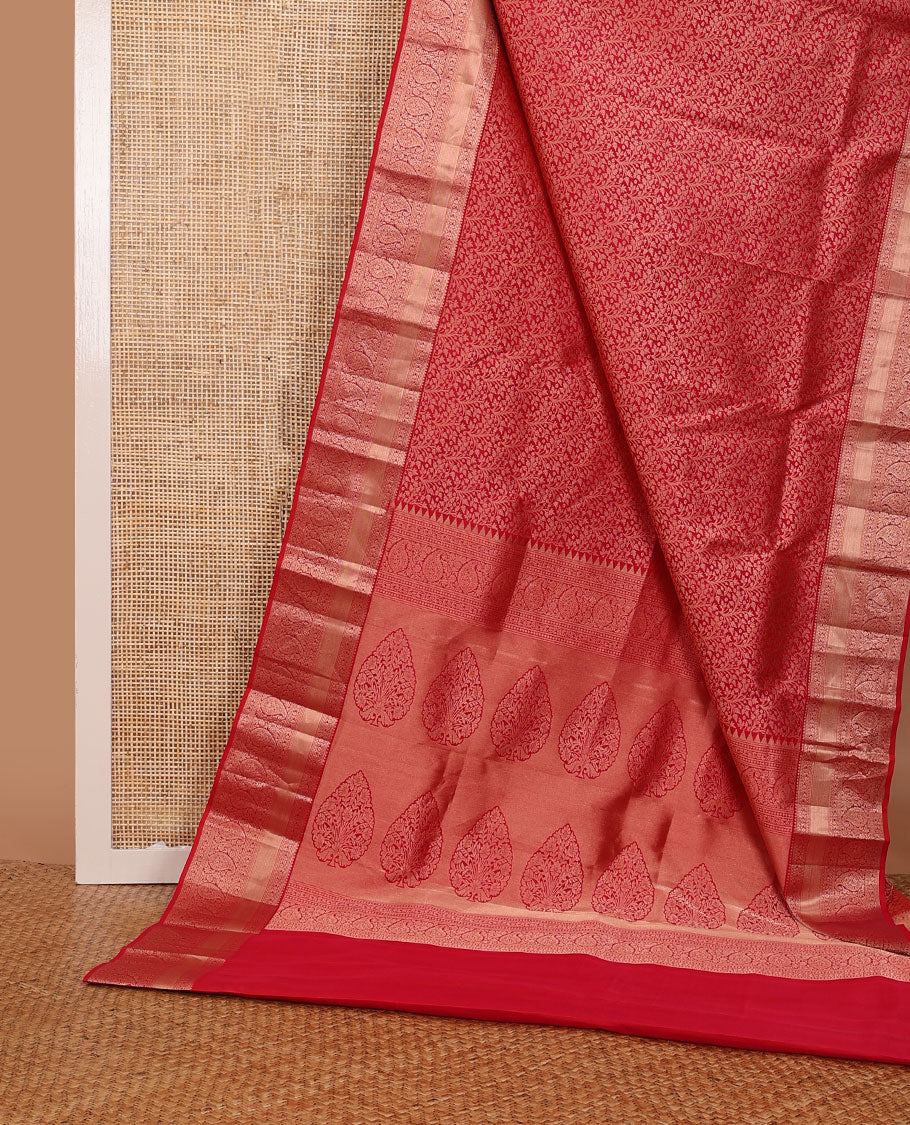 Red jacquard wedding silk saree, intricately zari-woven pallu & zari border of rekku,muthu,paisa,kodi visiry & manga design