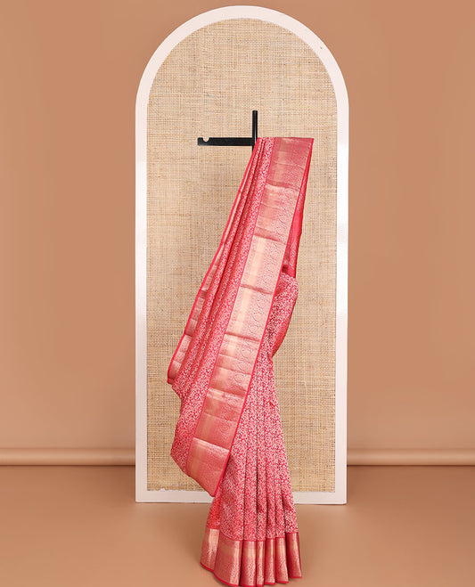 Red jacquard wedding silk saree, intricately zari-woven pallu & zari border of rekku,muthu,paisa,kodi visiry & manga design