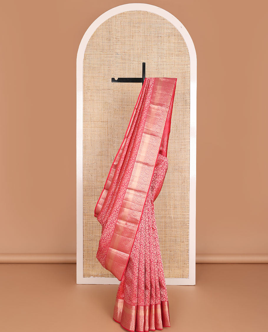 Red jacquard wedding silk saree, intricately zari-woven pallu & zari border of rekku,muthu,paisa,kodi visiry & manga design