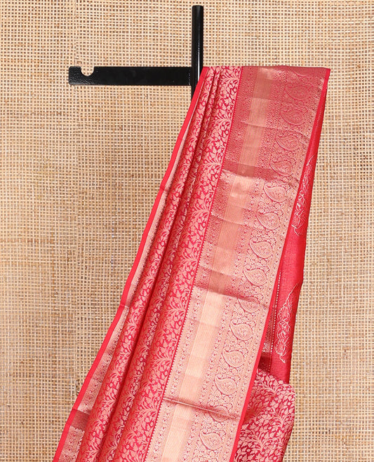 Red jacquard wedding silk saree, intricately zari-woven pallu & zari border of rekku,muthu,paisa,kodi visiry & manga design