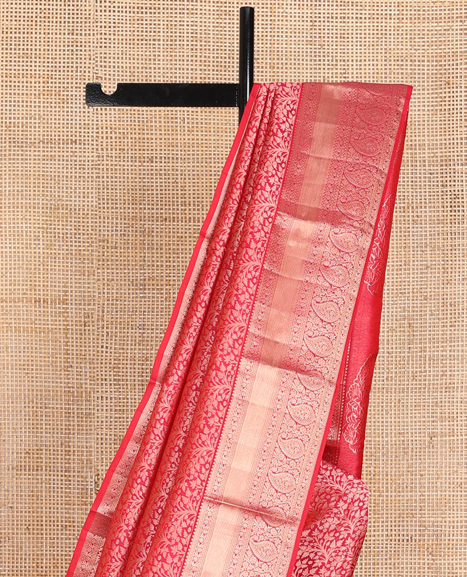 Red jacquard wedding silk saree, intricately zari-woven pallu & zari border of rekku,muthu,paisa,kodi visiry & manga design