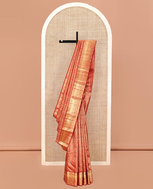 Red Kanchipuram Wedding Silk Saree, Enriched with Jacquard Designs on Its Body, Highlighted by Zari Border of Rekku, Diamond, and Mayil Kann Designs, Pallu of Intricate Designs, and Paired with a Matching Blouse