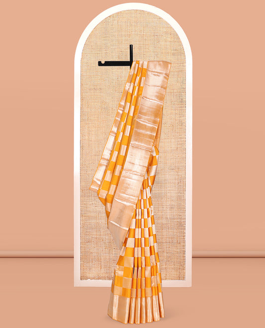 Yellow Checked Kanchipuram Wedding Silk Saree, Highlighted by a Zari Border, Intricately Designed Pallu, and Matching Blouse