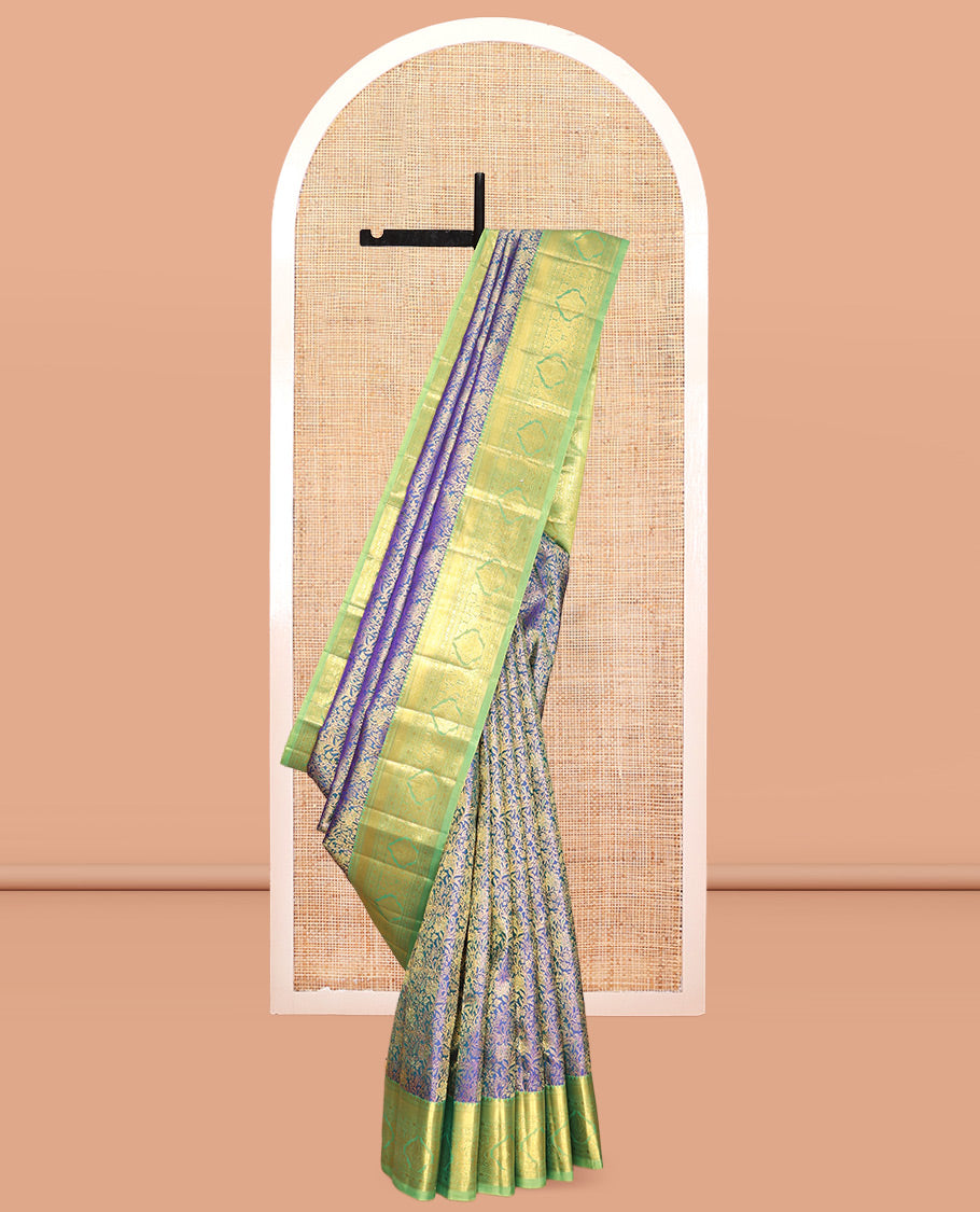 Blue Kanchipuram Wedding Silk Saree, Adorned with Floral Jaal Jacquard Design, a Contrast Border of Rekku, Kathir, and Kodi Visiry Design, Jaal Pallu, and a Contrast Blouse