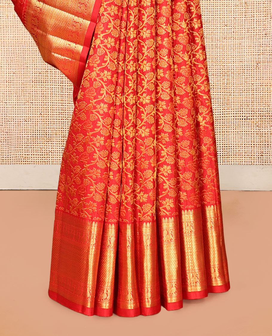 Red Kanchipuram Wedding Silk Saree, Spotlighted with Jacquard Design, Zari Border of Thilakam Mokku, Kathir, and Mayil Designs, Grand Jaal Pallu, and a Matching Blouse