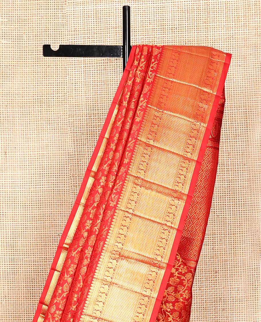 Red Kanchipuram Wedding Silk Saree, Spotlighted with Jacquard Design, Zari Border of Thilakam Mokku, Kathir, and Mayil Designs, Grand Jaal Pallu, and a Matching Blouse
