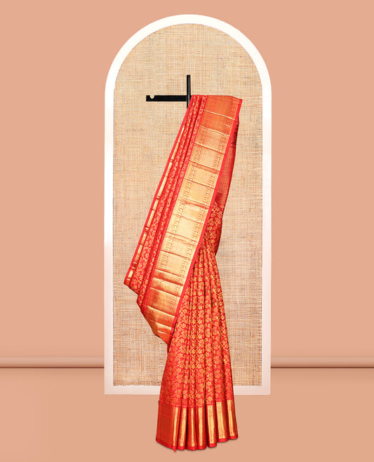 Red Kanchipuram Wedding Silk Saree, Spotlighted with Jacquard Design, Zari Border of Thilakam Mokku, Kathir, and Mayil Designs, Grand Jaal Pallu, and a Matching Blouse