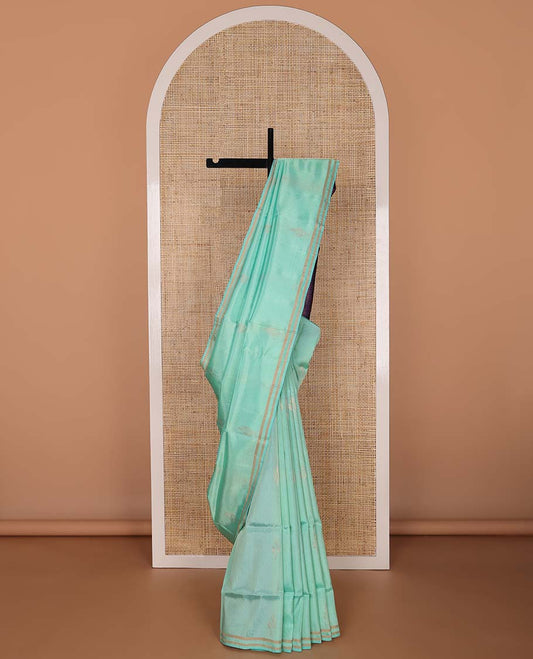 Light blue striped, motifs uppada saree with self zari border & floral design pallu