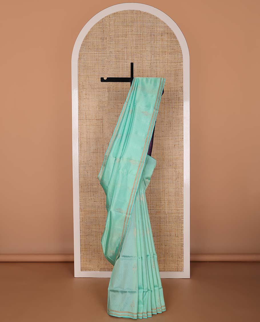 Light blue striped, motifs uppada saree with self zari border & floral design pallu