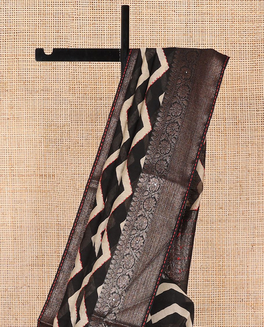 Black chevron design with sequins work chanderi cotton saree & contrast zari design border