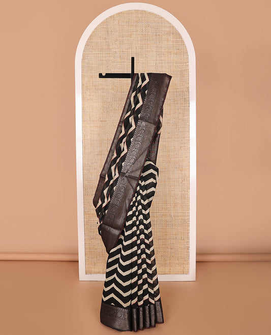 Black chevron design with sequins work chanderi cotton saree & contrast zari design border