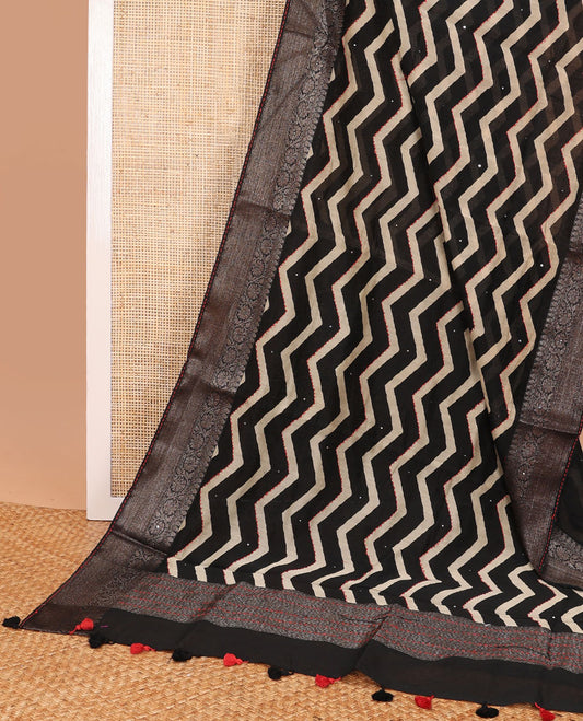 Black chevron design with sequins work chanderi cotton saree & contrast zari design border