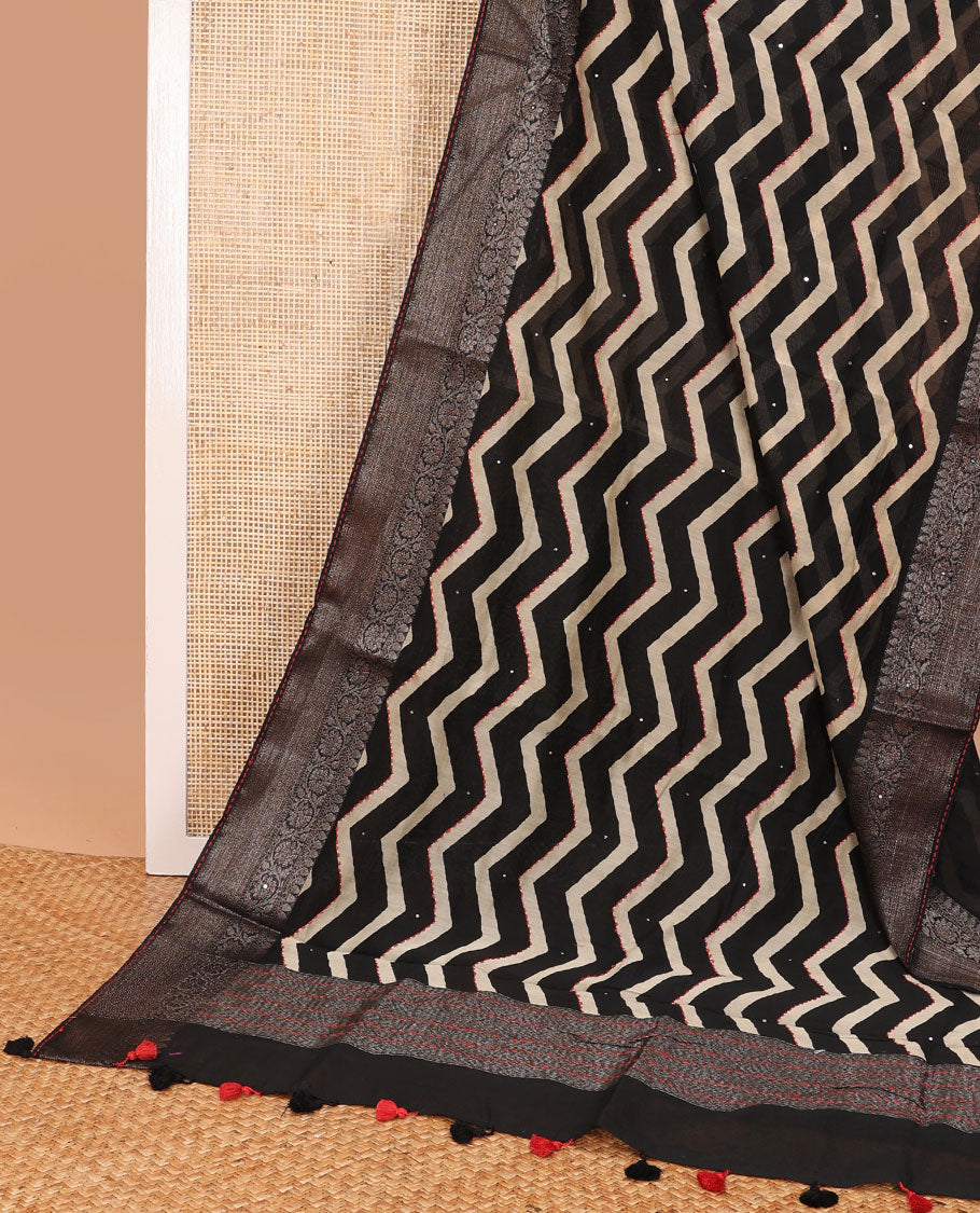 Black chevron design with sequins work chanderi cotton saree & contrast zari design border