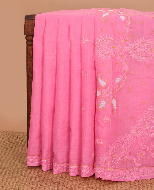Pink floral thread embroidery chikankari cotton saree with self embroidery border