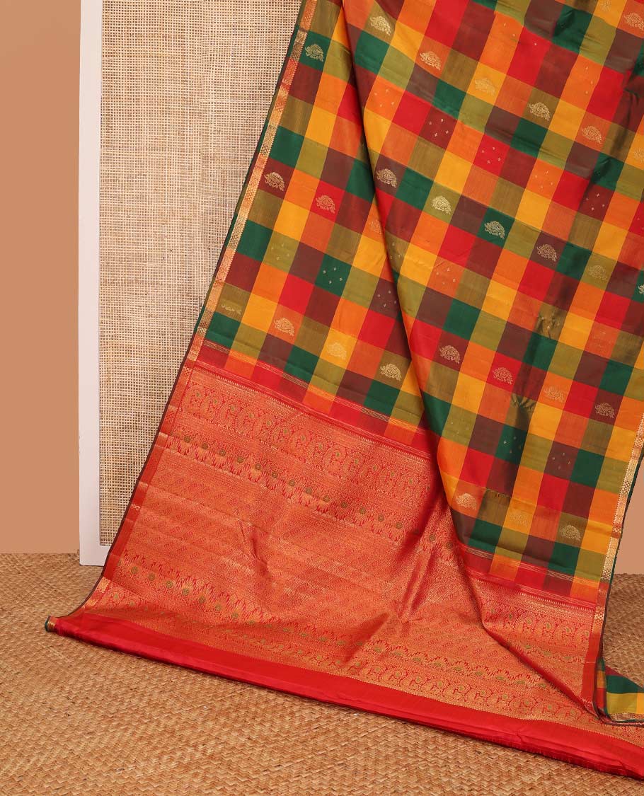 Multi-color checked, buttas kancheepuram silk saree with self zari design border & floral design pallu