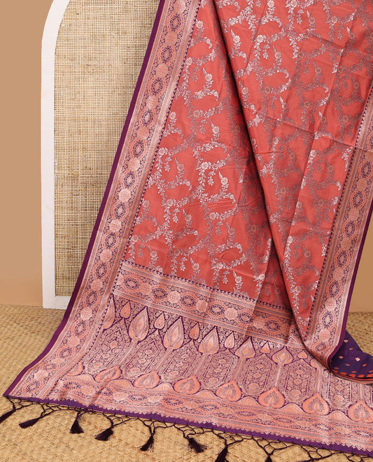 Brown floral jaal design butter silk saree with contrast floral zari design border & floral design pallu