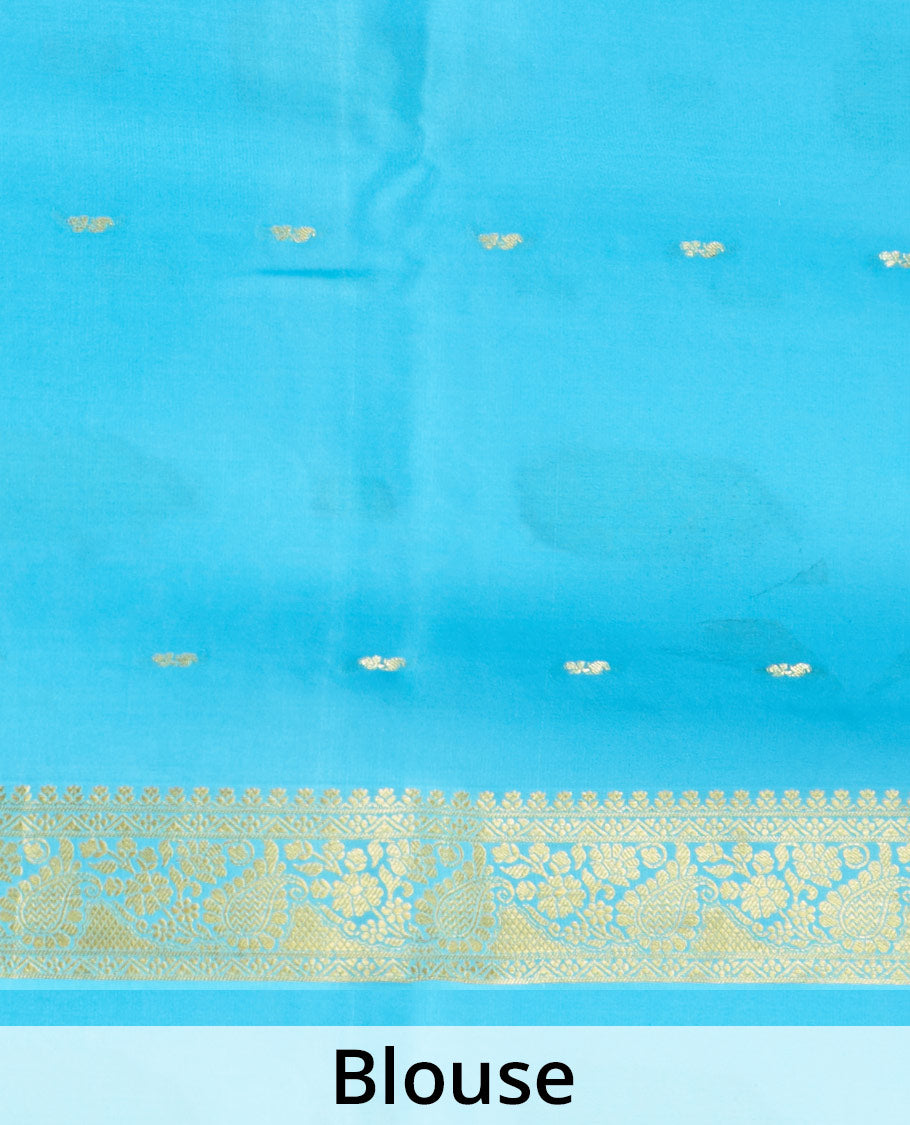 Royal Blue Mysore Silk Saree Adorned with Golden Zari Buttas, Featuring a Contrast Floral-Paisley Design Border, a Pallu Prettified with Zari Designs, and Paired with a Contrast Blouse