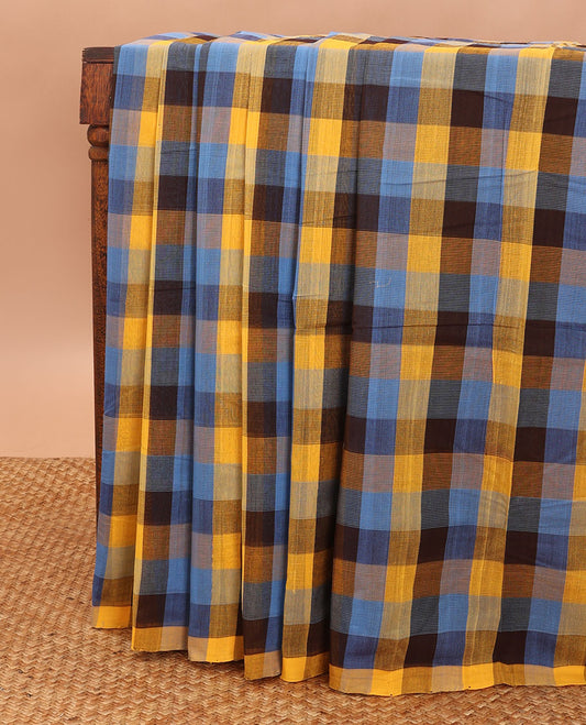 Borderless Multi-color checked mangalgiri cotton saree with striped pallu