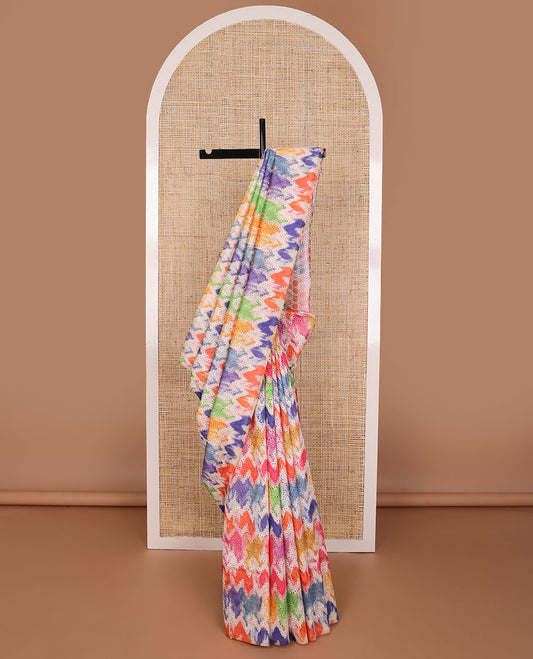 Borderless multi-color, thread embroidered kamla silk saree with contrast checked blouse