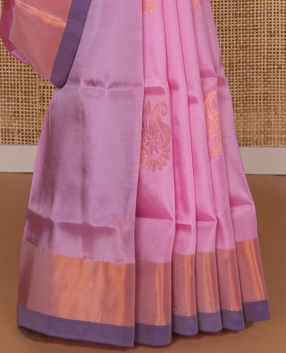 Light pink floral motifs uppada saree with contrast zari border & ogee design pallu