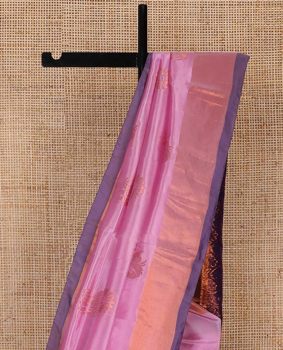 Light pink floral motifs uppada saree with contrast zari border & ogee design pallu