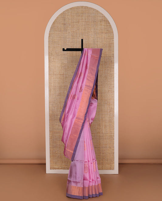 Light pink floral motifs uppada saree with contrast zari border & ogee design pallu
