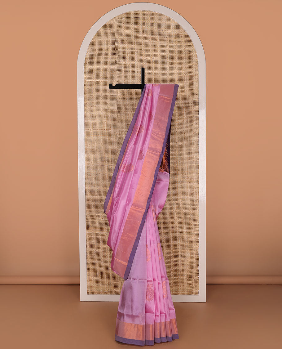 Light pink floral motifs uppada saree with contrast zari border & ogee design pallu