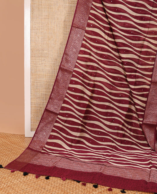 Maroon wave design with sequins work chanderi cotton saree & contrast zari design border