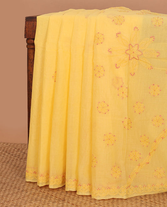 Yellow floral thread embroidery chikankari cotton saree with self embroidery border