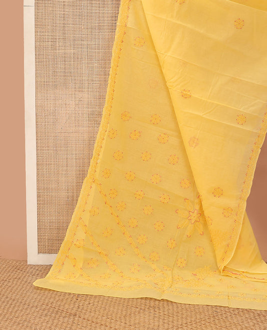 Yellow floral thread embroidery chikankari cotton saree with self embroidery border