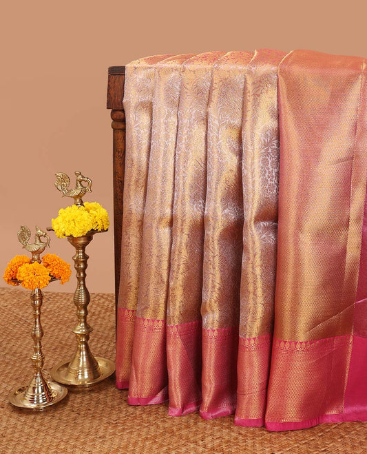 Gold pink jaal design tissue celebrity saree with zari border & brocade rich pallu along with brocade blouse