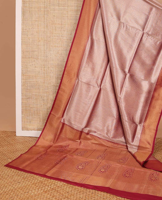 Red jacquard softy saree with contrast zari design border & floral design pallu