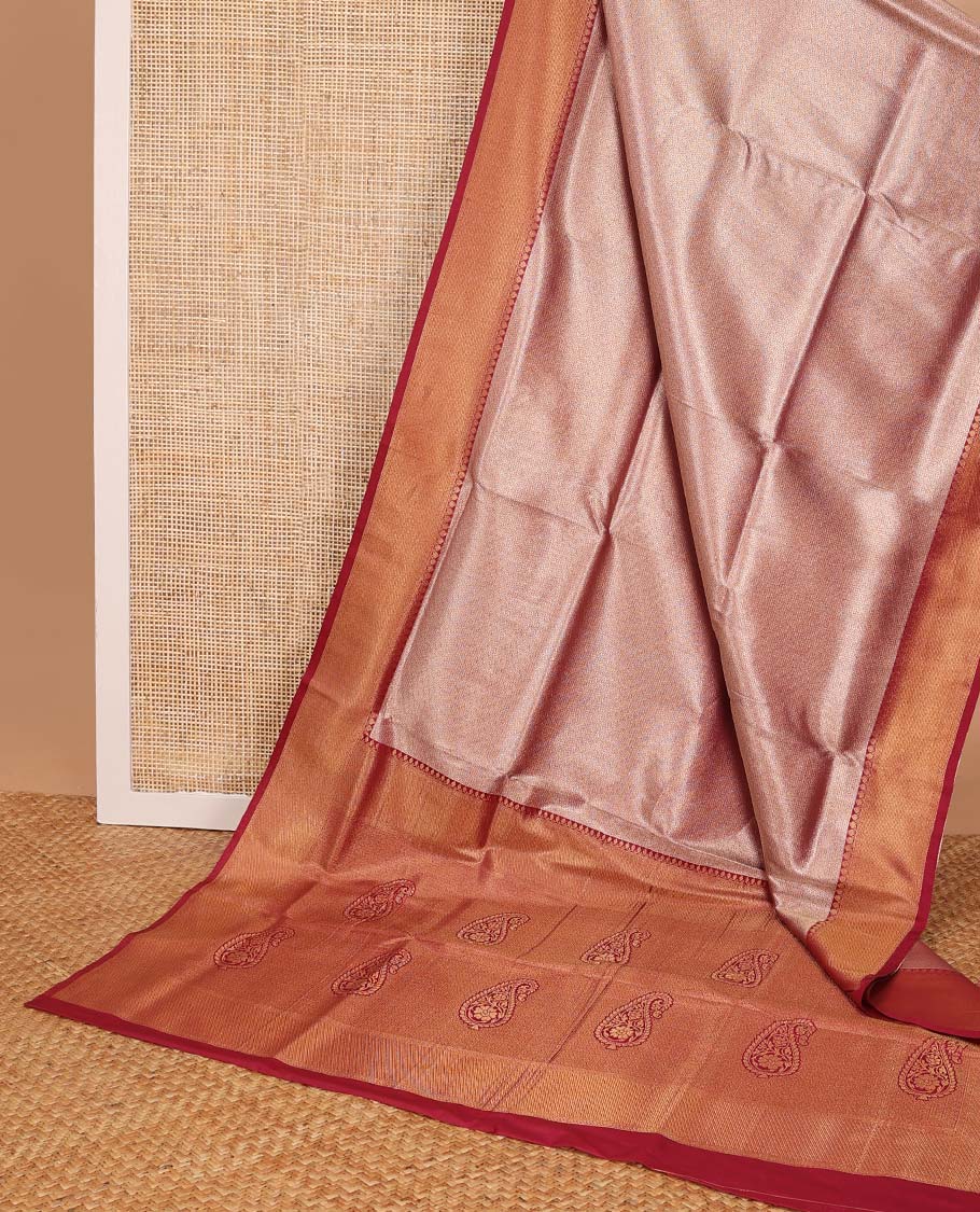 Red jacquard softy saree with contrast zari design border & floral design pallu