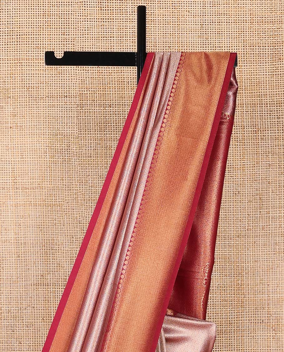 Red jacquard softy saree with contrast zari design border & floral design pallu