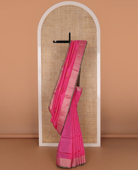 Pink floral motifs uppada saree with contrast zari border & floral design pallu