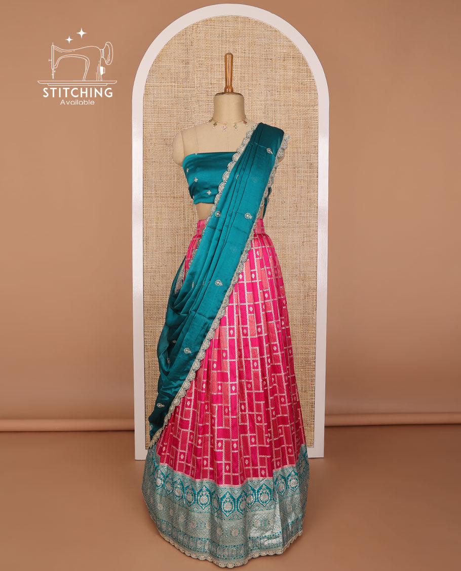 Dark pink geometric design banaras half saree with contrast intricate zari design border, embroidered blouse & floral embroidery dhavani