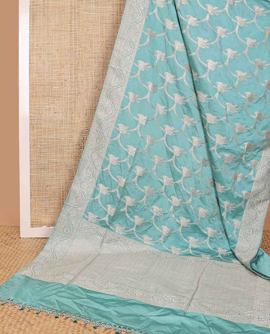Light blue  jaal design semi banaras satin saree with self zari design border & floral design pallu