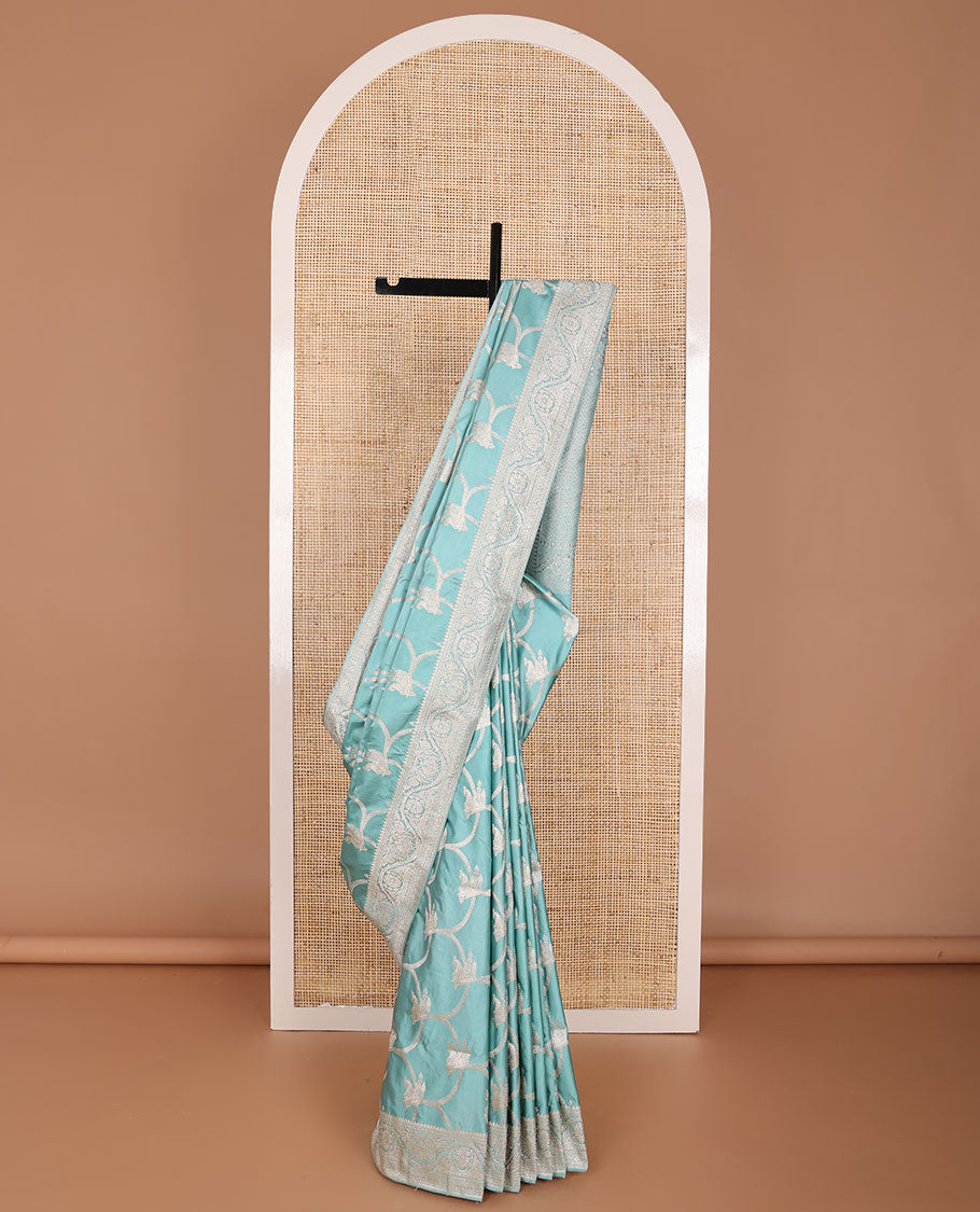 Light blue  jaal design semi banaras satin saree with self zari design border & floral design pallu