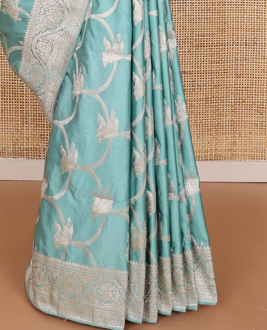 Light blue  jaal design semi banaras satin saree with self zari design border & floral design pallu