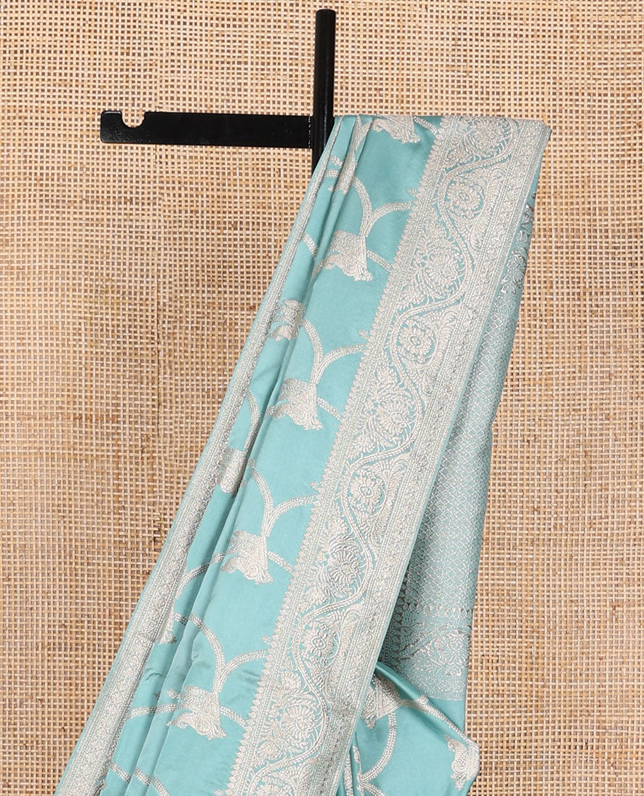 Light blue  jaal design semi banaras satin saree with self zari design border & floral design pallu