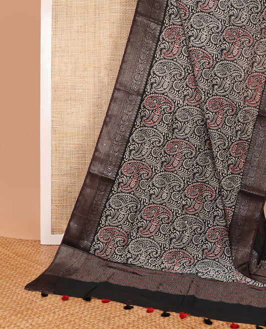 Black paisely design chanderi cotton saree with self zari design, sequins work border